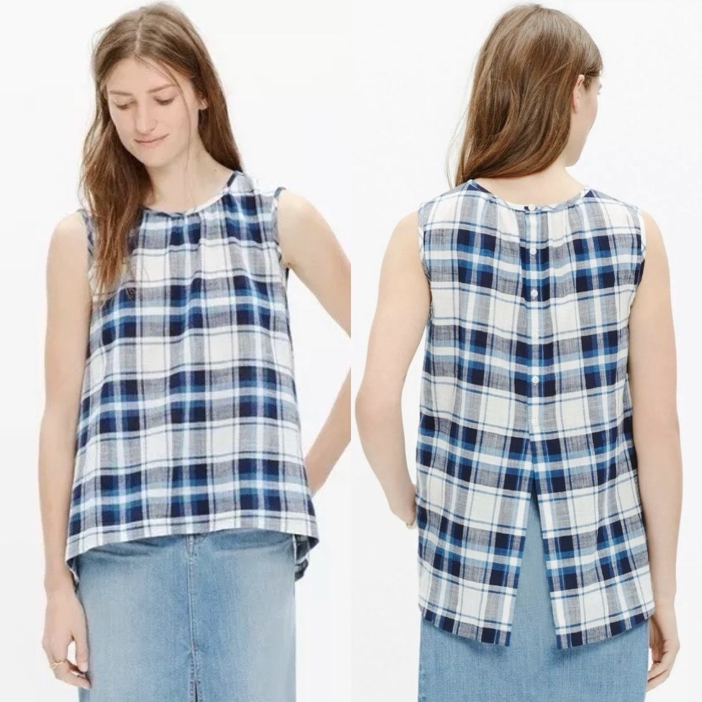 Madewell Rivet Thread Blue White Cotton Plaid Button Back Sleeveless Top M EUC